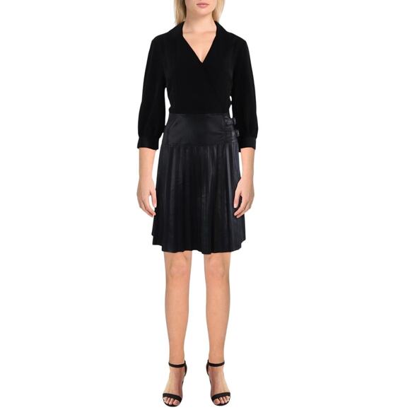KARL LAGERFELD FAUX LEATHER PLEATED MINI DRESS IN BLACK NWT‎ WOMEN'S SIZE 4 - Picture 1 of 16